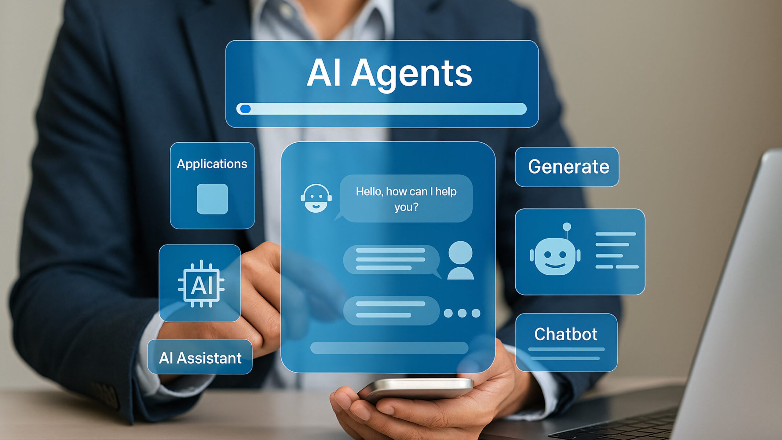 Businessman manages multiple AI Agents on a virtual interface using a smartphone, accessing applications like chatbots and AI assistants for business automation and customer service.